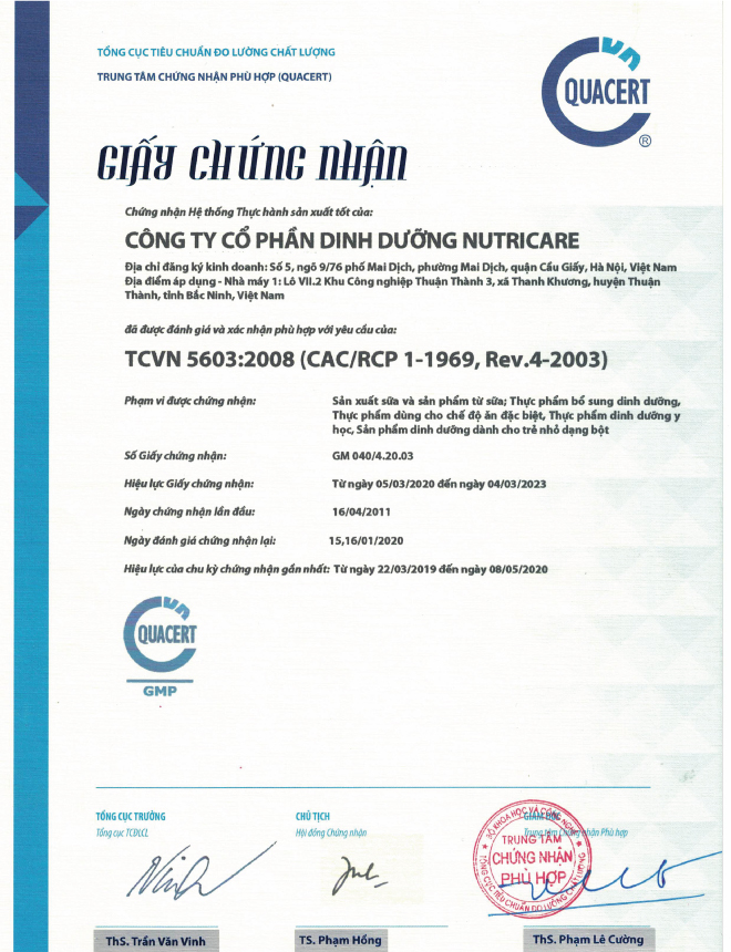 Giấy chứng nhận của NutriCare