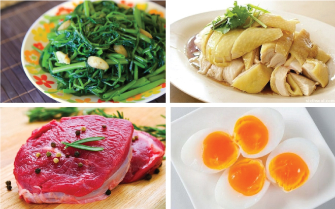 Rau muống, thịt bò, trứng gà