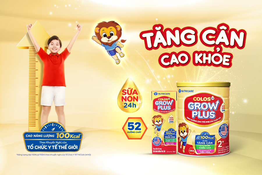 Nutricare Colos24h Grow Plus 2+ mới với công thức Cao Năng Lượng 100 Kcal theo khuyến nghị của Tổ chức Y tế Thế giới