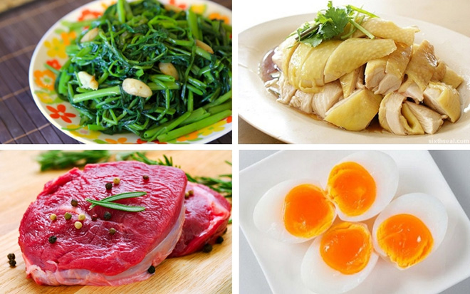Rau muống, trứng, thịt gà, thịt bò