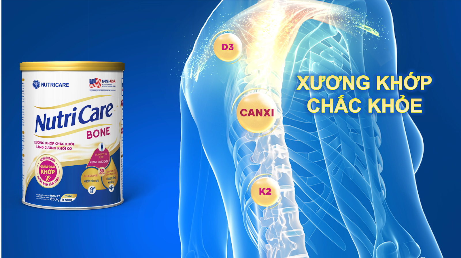 Nutricare Bone với Canxi, D3, K2 giúp xương khớp chắc khỏe (Ảnh: Nutricare).